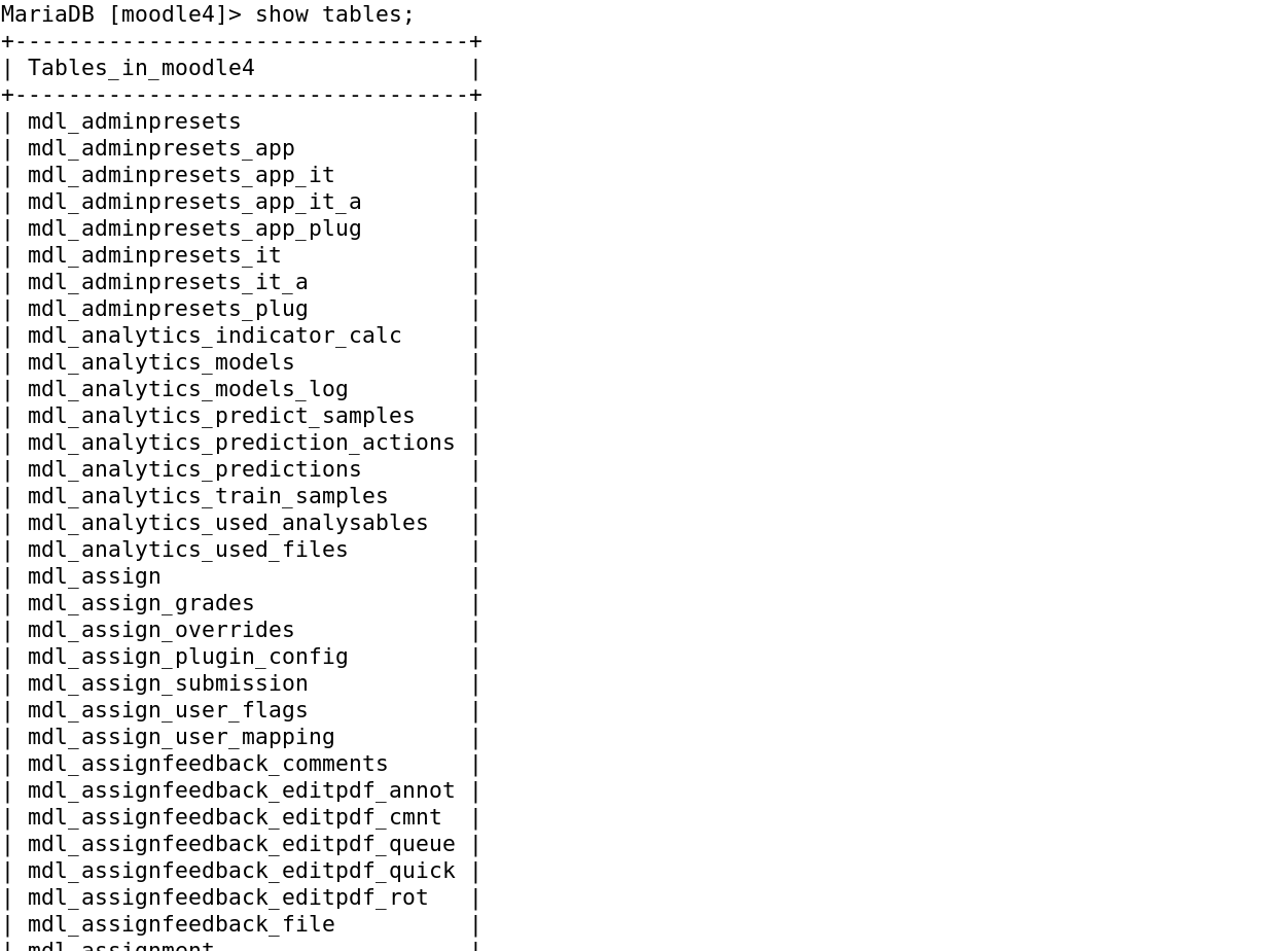 Tabelas do Moodle4 no MariaDB